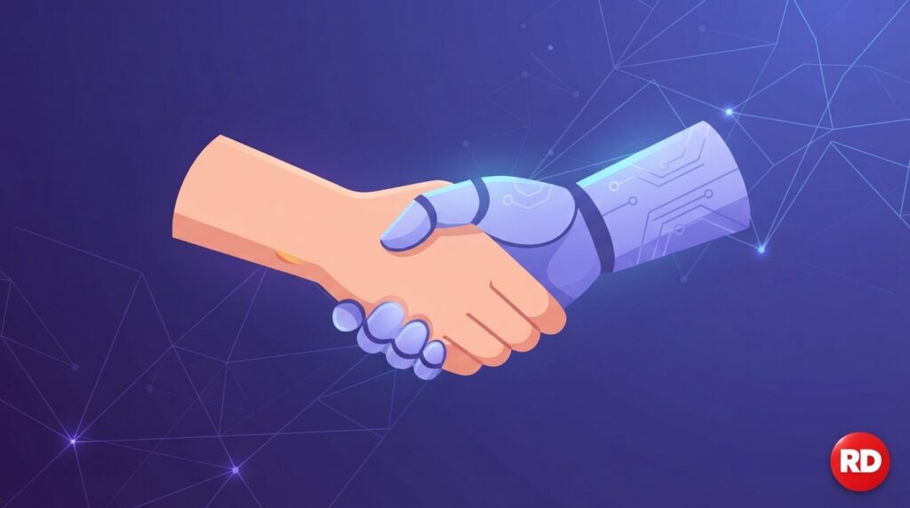 Using the attached logo image, create a modern flat-illustration header image, 16:9 landscape. Scene: two simple hands meeting in the center in a handshake or fist-bump — one rendered as a normal human hand, the other rendered as a friendly, softly geometric robotic/circuit-pattern hand — set against a subtle abstract network of thin connecting lines and dots in the background, conveying collaboration rather than replacement or conflict. Palette: cool violet and electric blue background with a single warm skin-tone accent on the human hand to keep it from feeling cold. Clean, modern, slightly futuristic but still warm, no dystopian robot imagery, no readable text. Place the attached logo small in the bottom-right corner. No text or typography anywhere in the image.