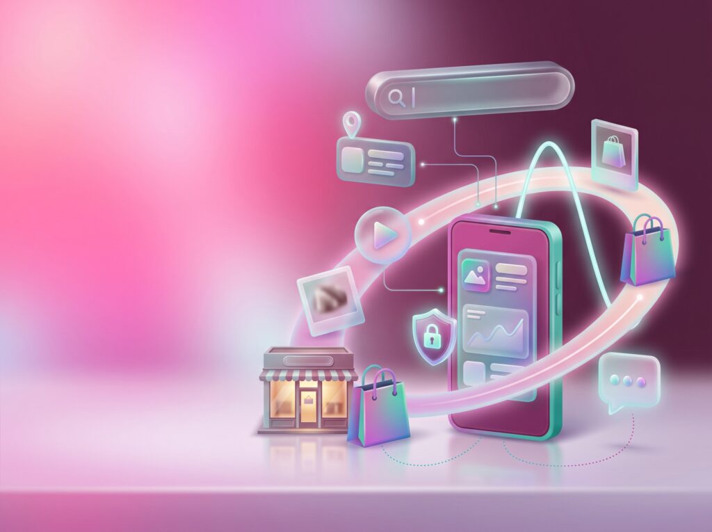 Retail shop front connected to a smartphone by a glowing loop of video, photo, search and shopping icons, showing offline to online content strategy