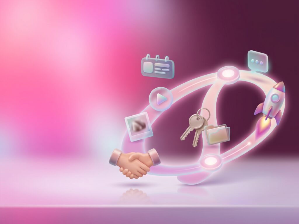 Handshake, keys, calendar and rocket along a glowing path, showing the digital marketing agency onboarding timeline from signing to launch