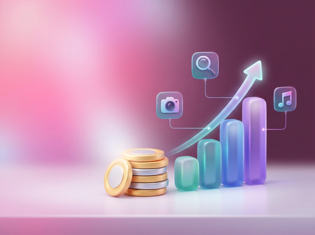 Stack of coins turning into a rising bar chart with camera, search and music icons, showing digital marketing ROI and budget growth