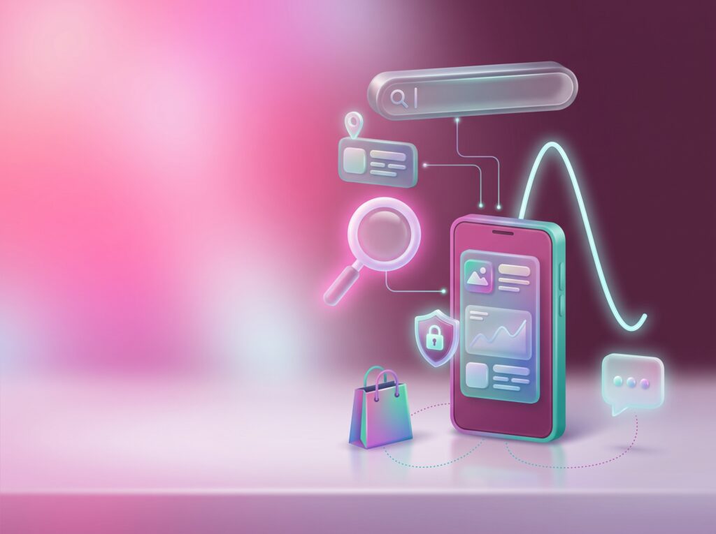 Smartphone with ad dashboard, privacy shield and cost curve, illustrating rising cost per acquisition and ad conversion tracking