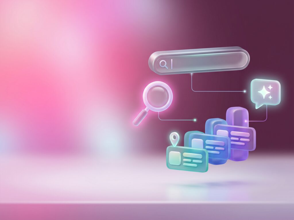 3D search bar, magnifying glass and AI answer bubble above local search result cards, showing SEO and AI search optimization